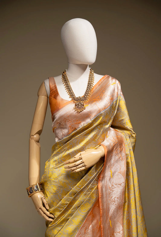 Pure Silk Shikargah Yellow & Grey Saree With Unstitched Blouse