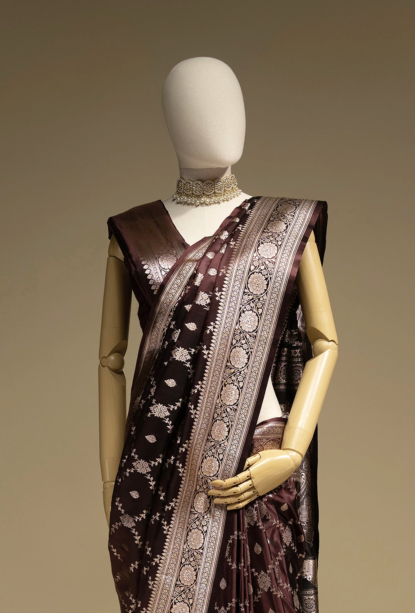 Pure Mashru Silk Saree In Deep Brown With Jaal Work