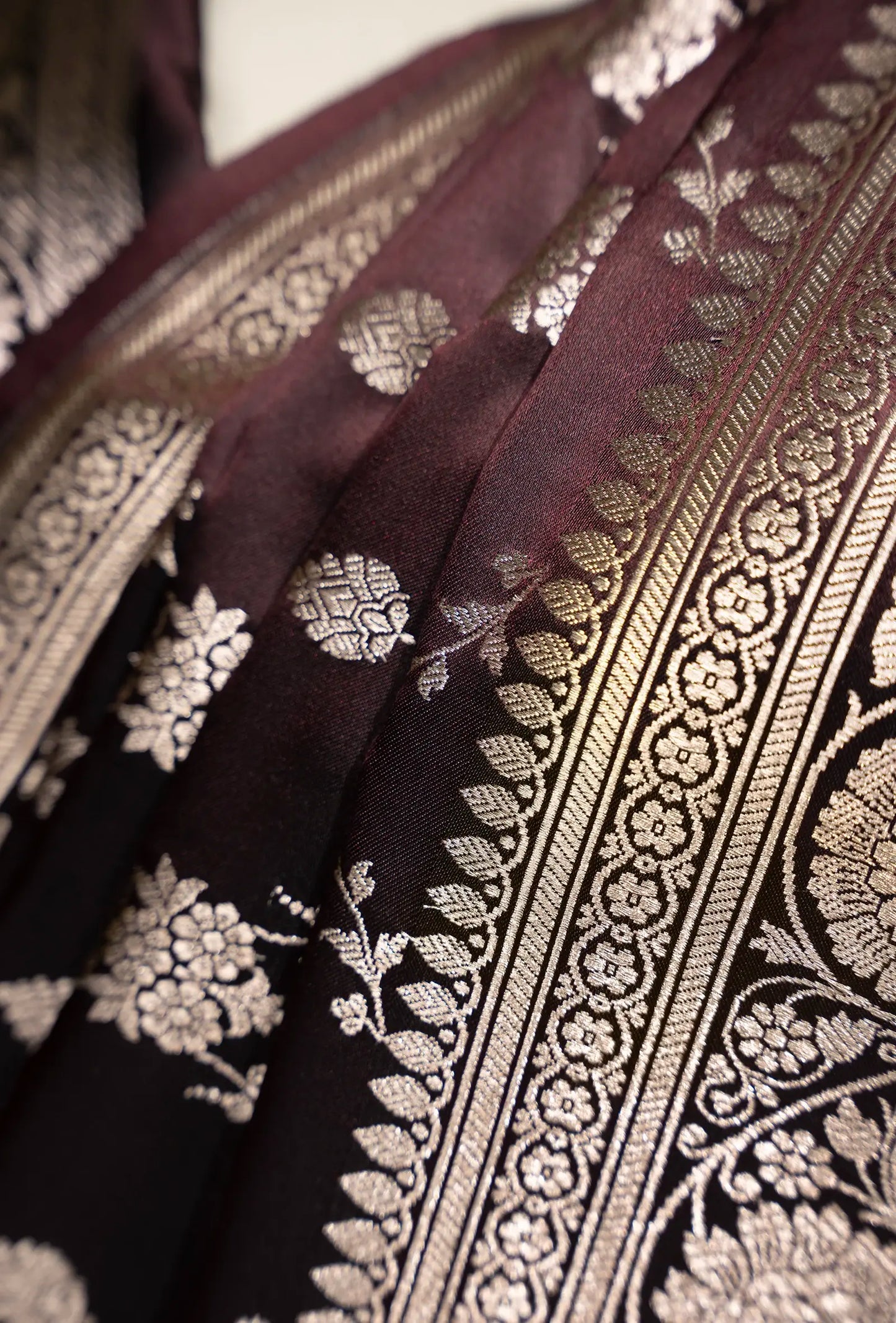 Pure Mashru Silk Saree In Deep Brown With Jaal Work