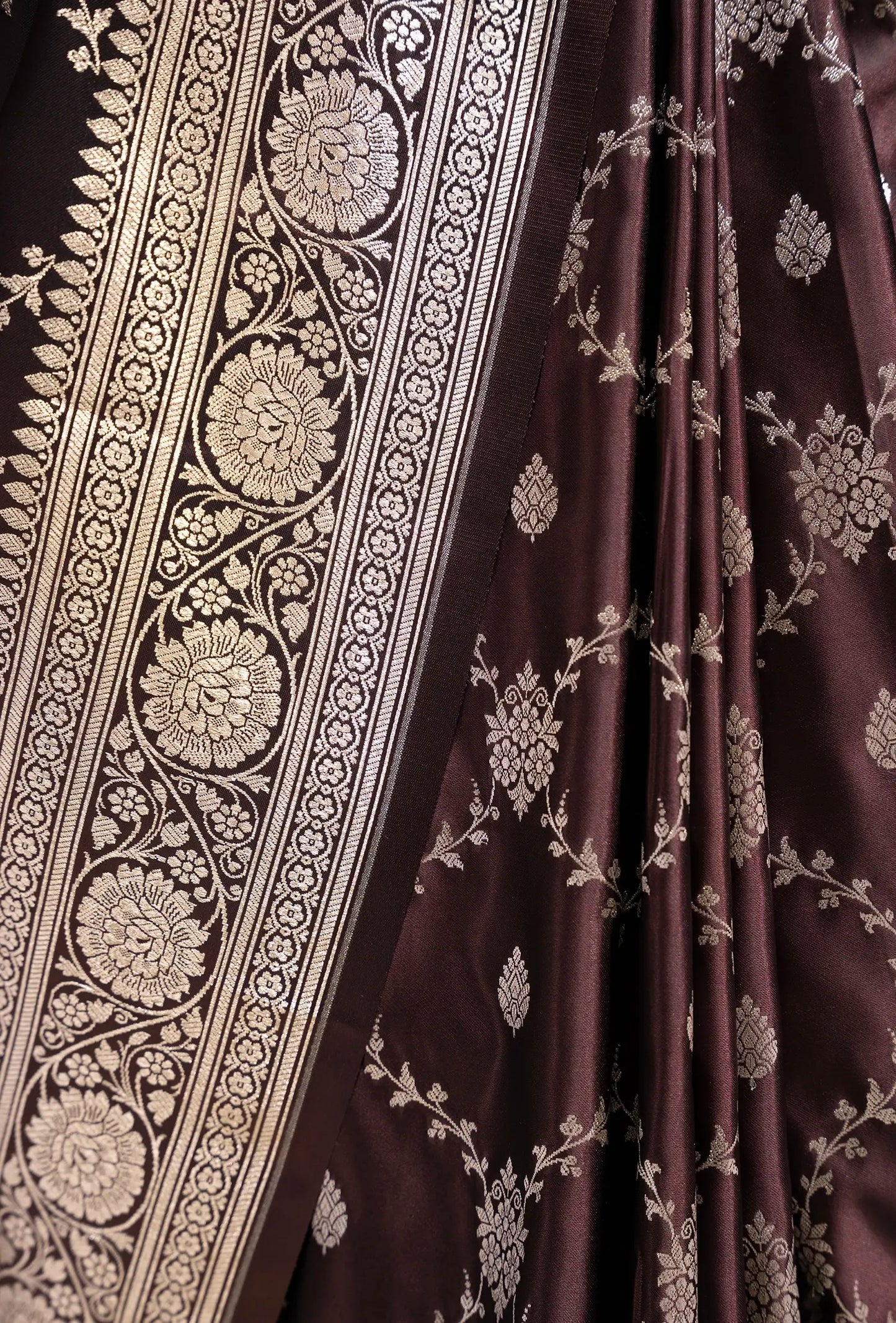 Pure Mashru Silk Saree In Deep Brown With Jaal Work