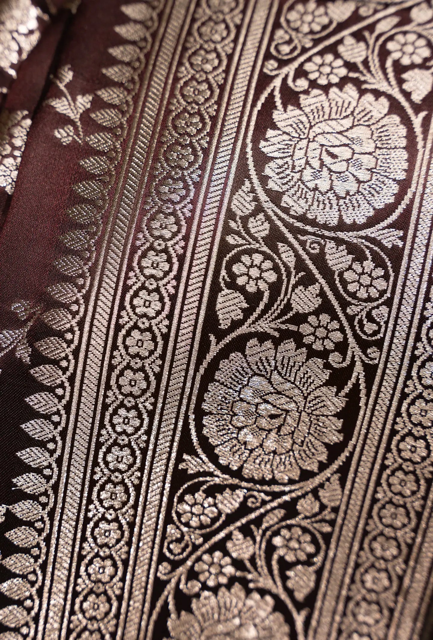 Pure Mashru Silk Saree In Deep Brown With Jaal Work