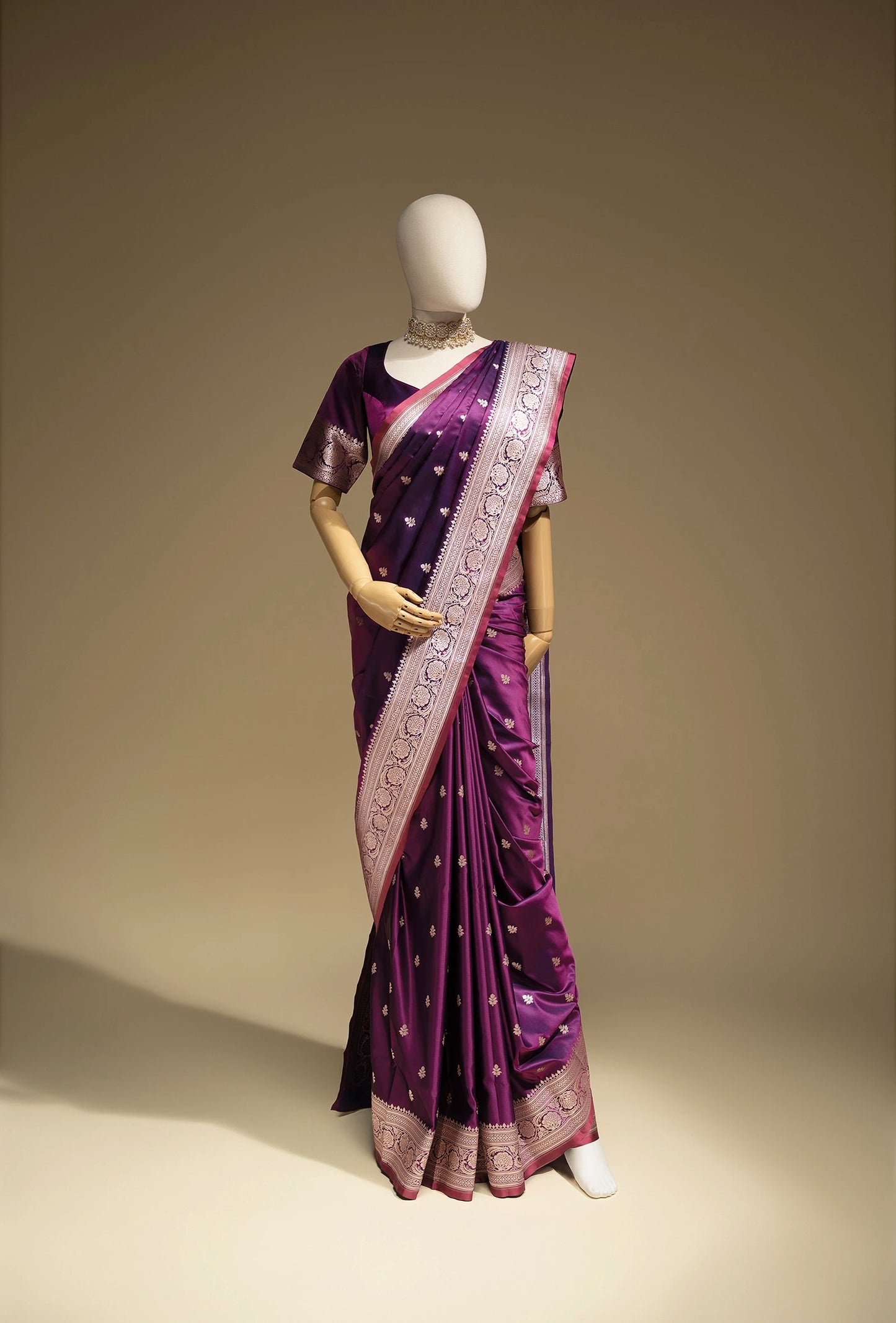 Malai Silk Saree In Deep Purple With Zari Buttiwork