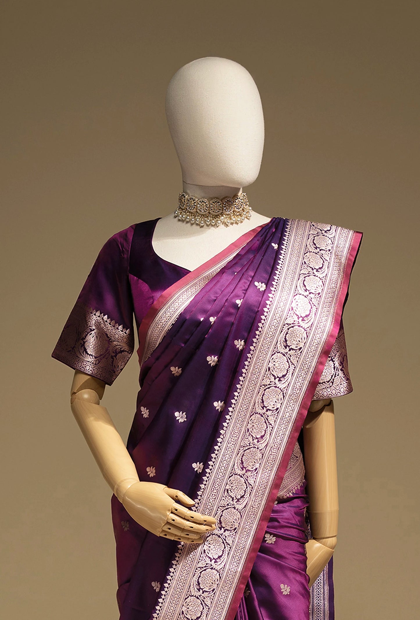 Malai Silk Saree In Deep Purple With Zari Buttiwork