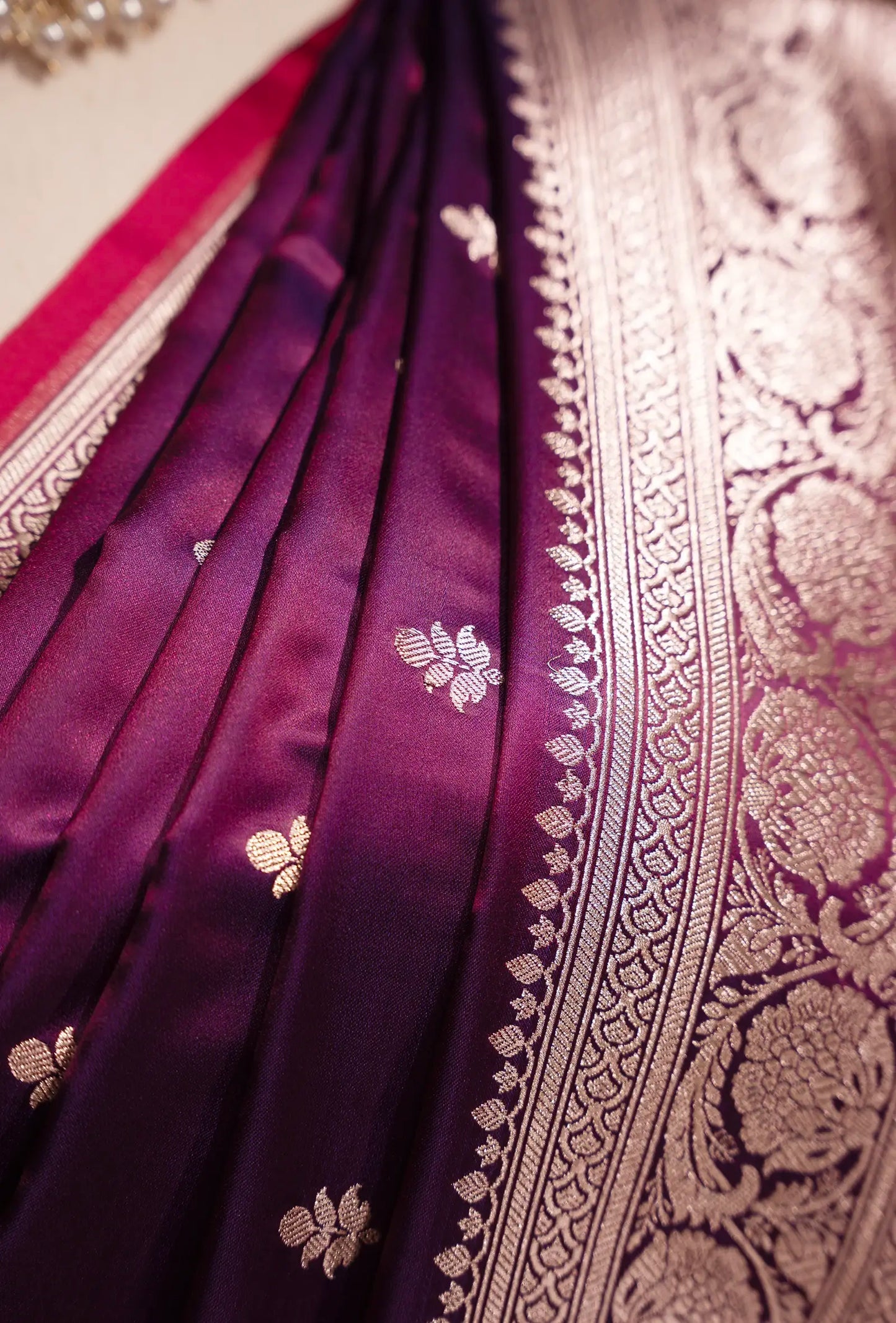 Malai Silk Saree In Deep Purple With Zari Buttiwork
