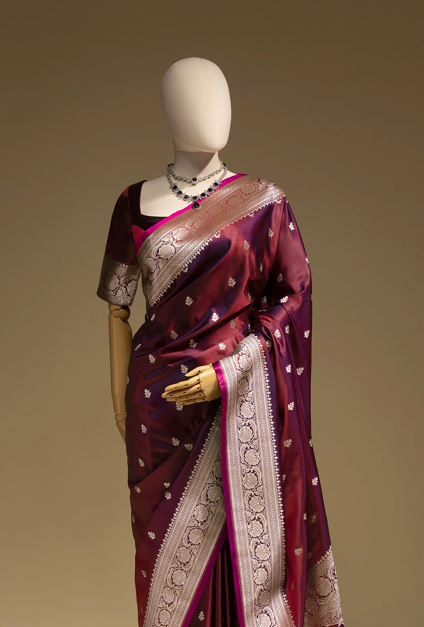 Malai Silk Saree In Deep Wine With Zari Buttiwork Embellishments