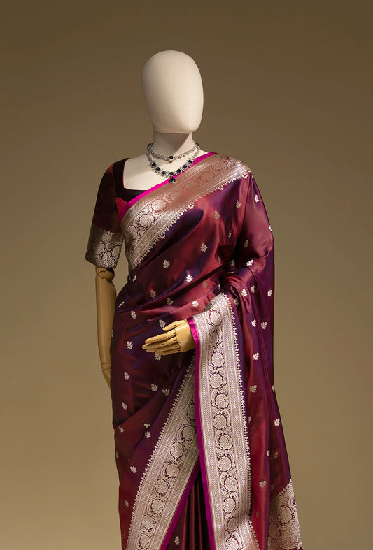 Malai Silk Saree In Deep Wine With Zari Buttiwork Embellishments
