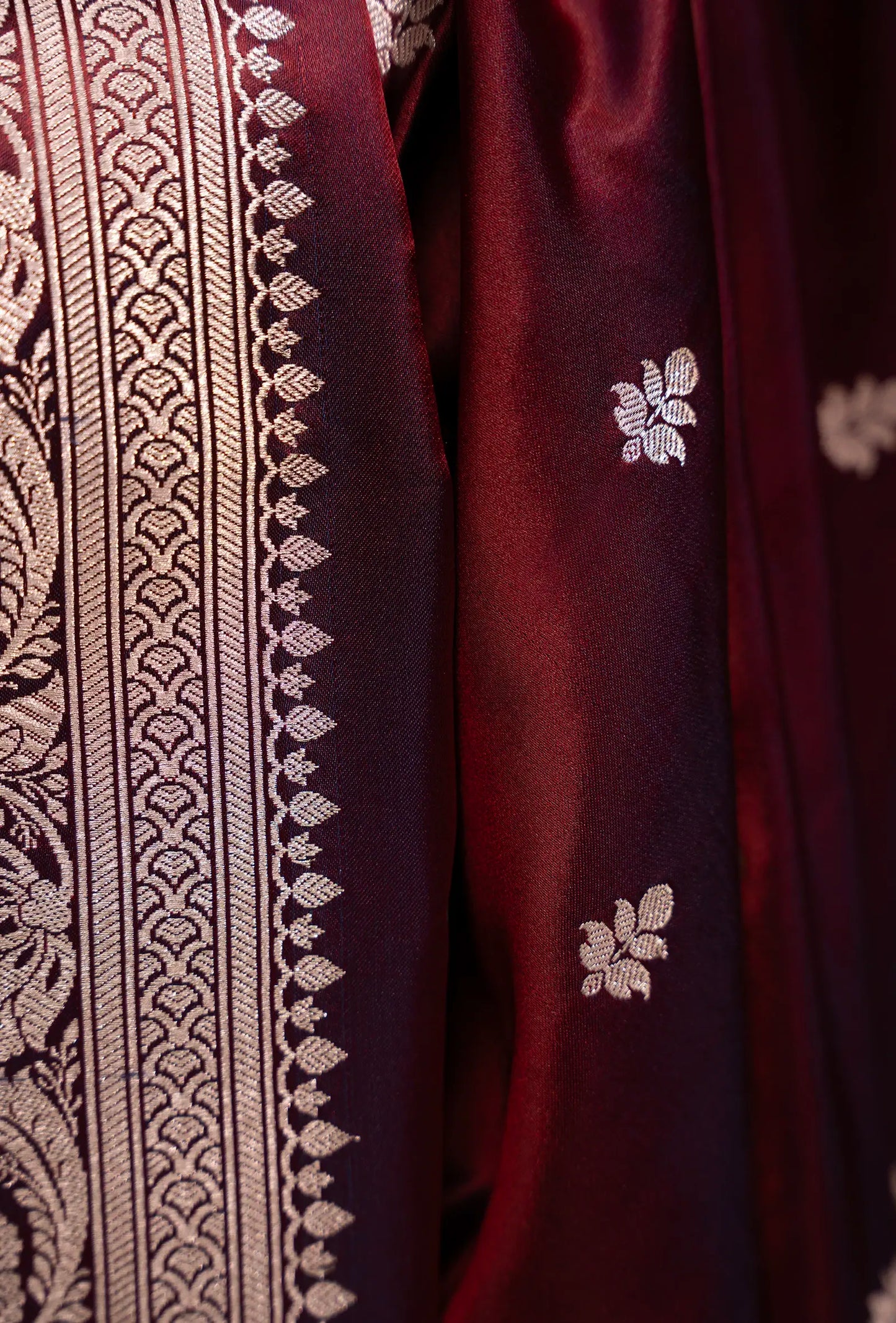 Malai Silk Saree In Deep Wine With Zari Buttiwork Embellishments