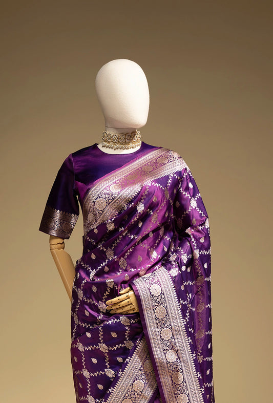Pure Mashru Silk Saree In Deep Purple With Intricate Jaal Work