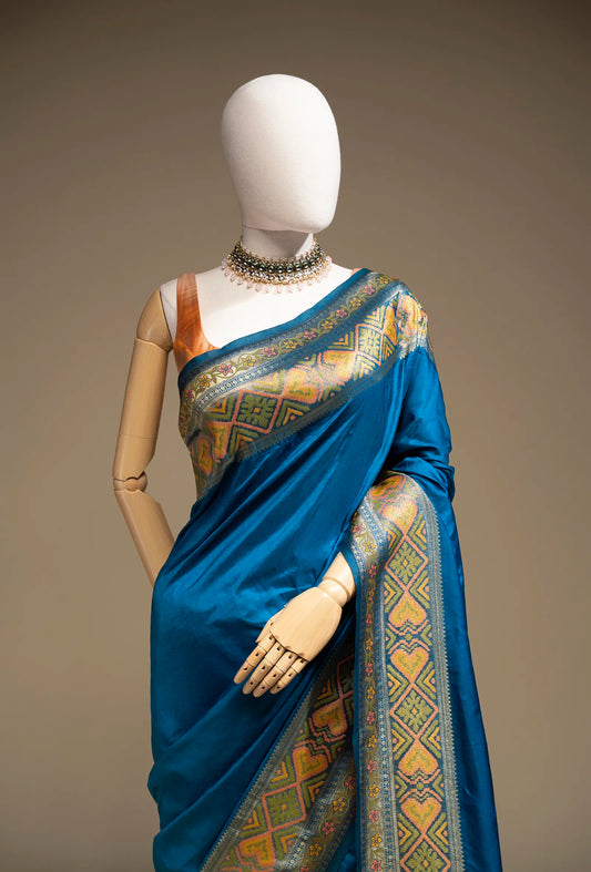 Teal Blue Katan Silk Saree With Unstitched Blouse