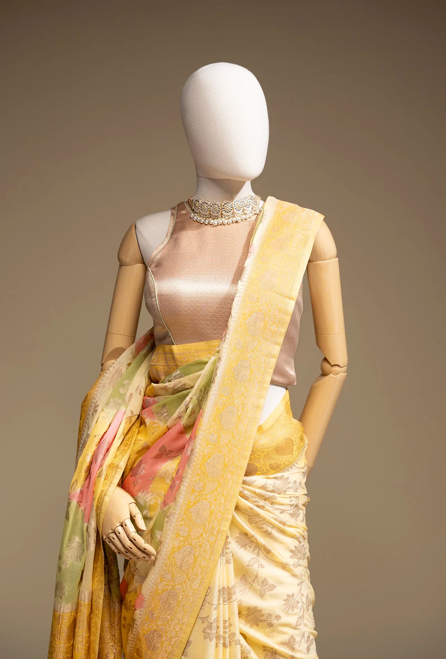Pastel Yellow Khadi Georgette Saree With Unstitched Blouse