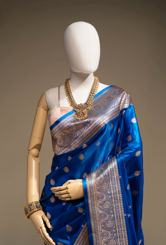 Royal Blue Pure Mango Silk Saree With Unstitched Blouse