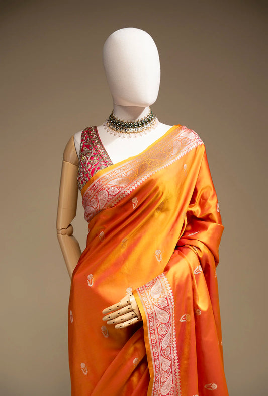 Mango Orange Dual Color Mashru Silk Saree With Unstitched Blouse