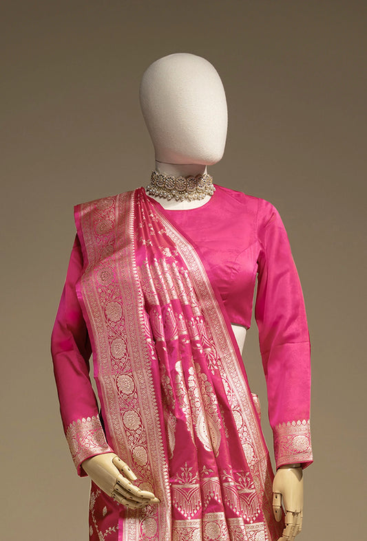 Pure Mashru Silk Saree In Hot Pink With Beautiful Jaal Work