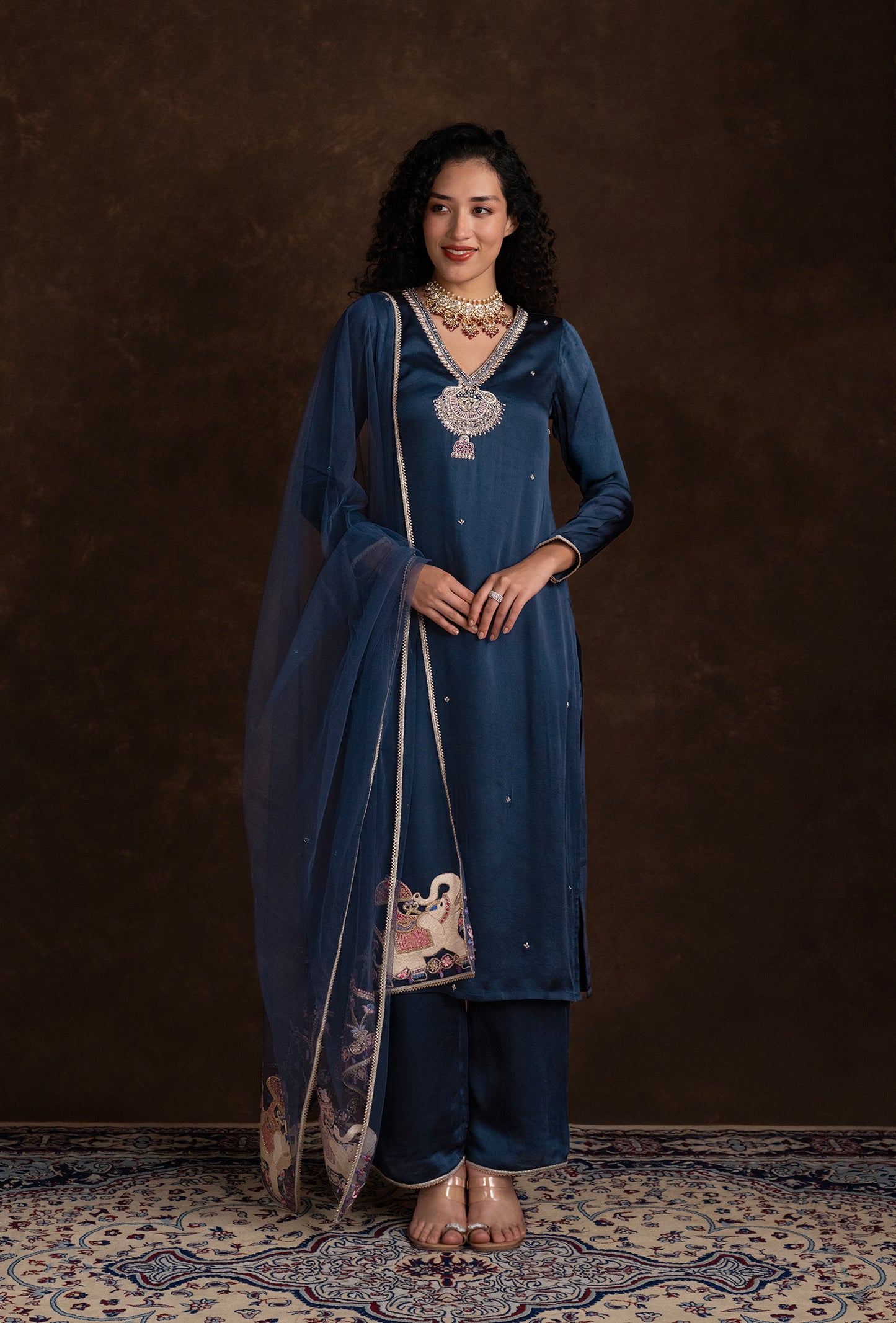 Navy Blue Silk Motif Embroidered Ethnic Kurta Set
