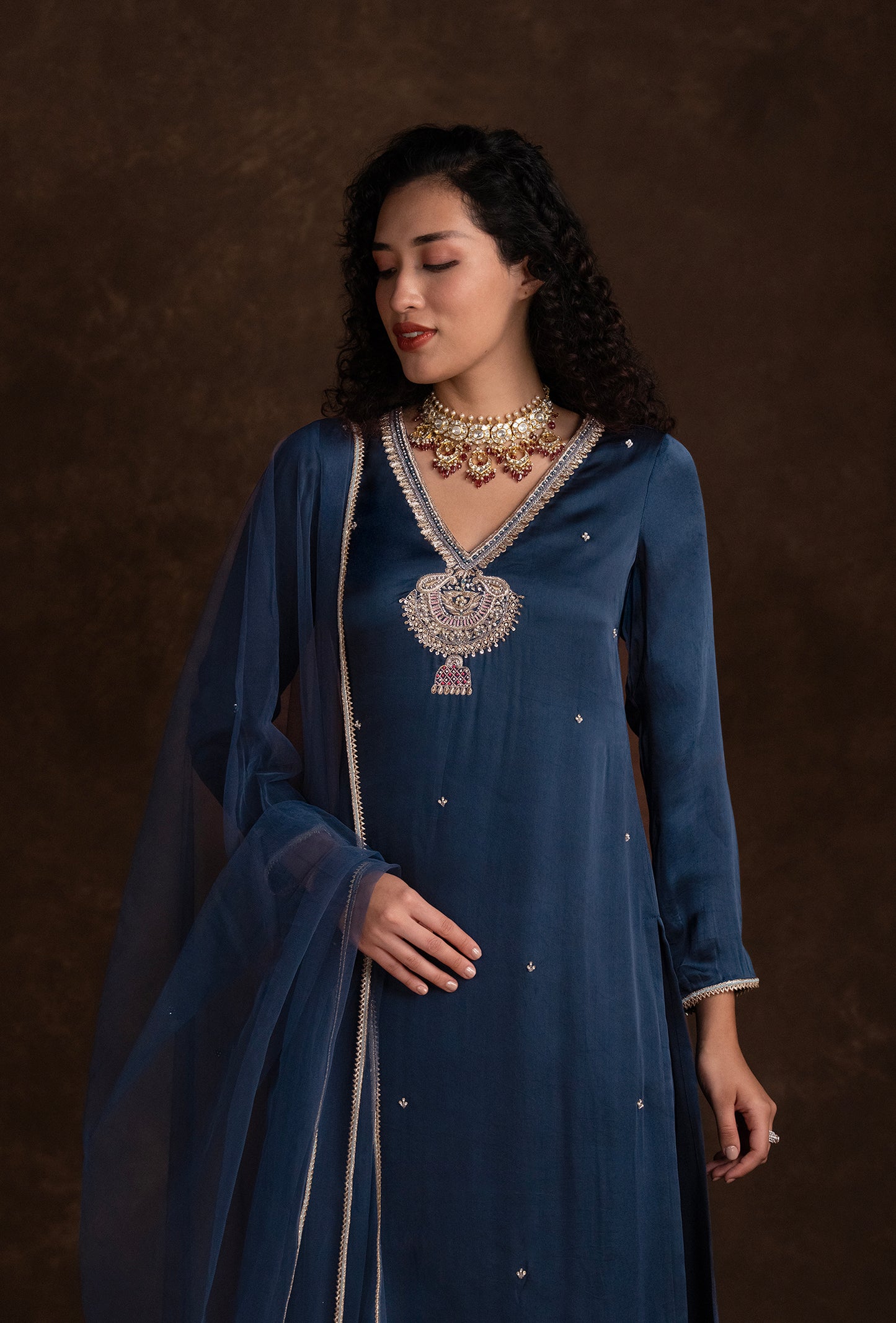 Navy Blue Silk Motif Embroidered Ethnic Kurta Set