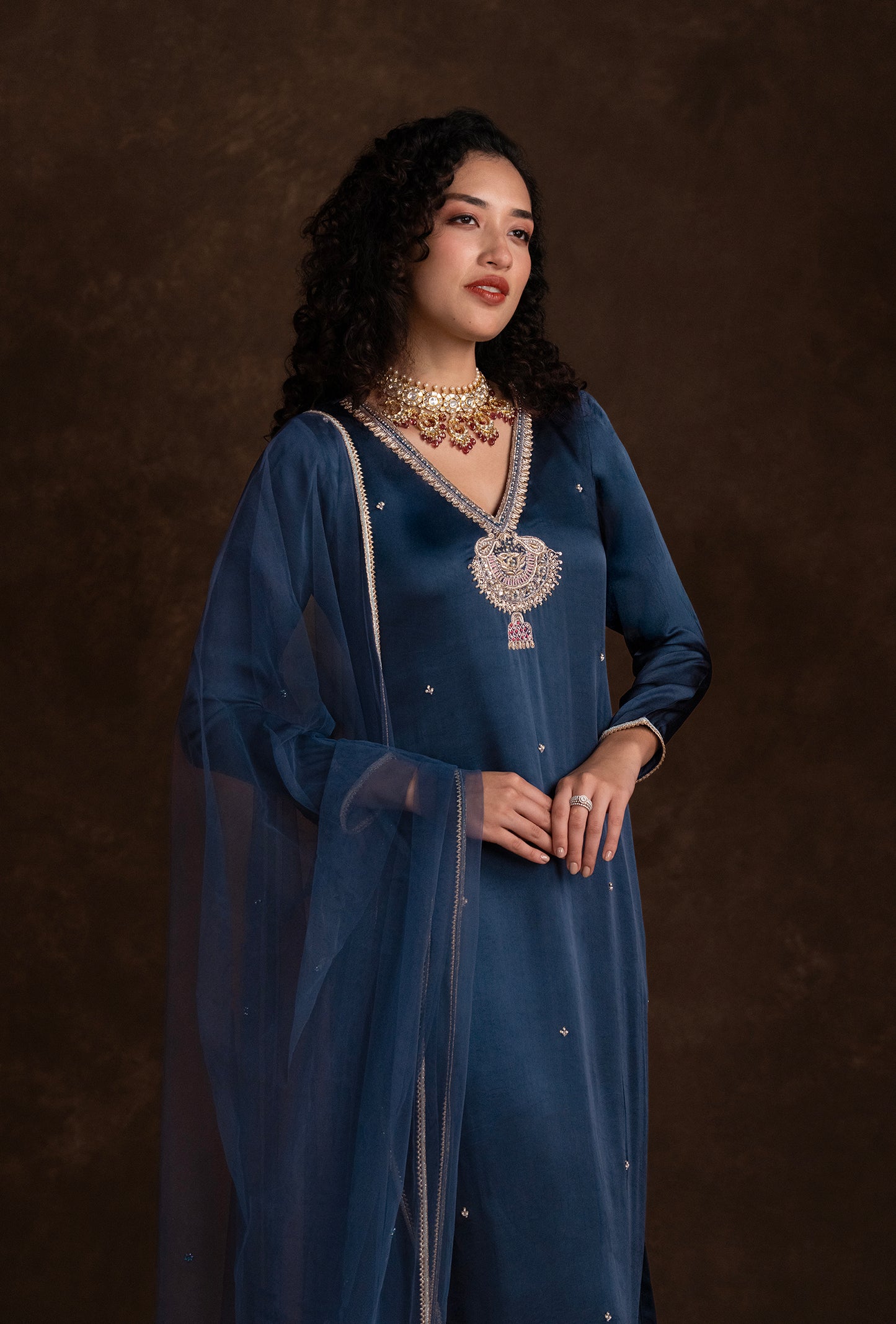 Navy Blue Silk Motif Embroidered Ethnic Kurta Set