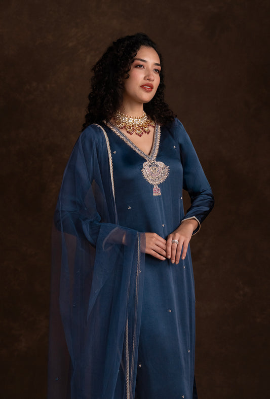 Navy Blue Silk Motif Embroidered Ethnic Kurta Set