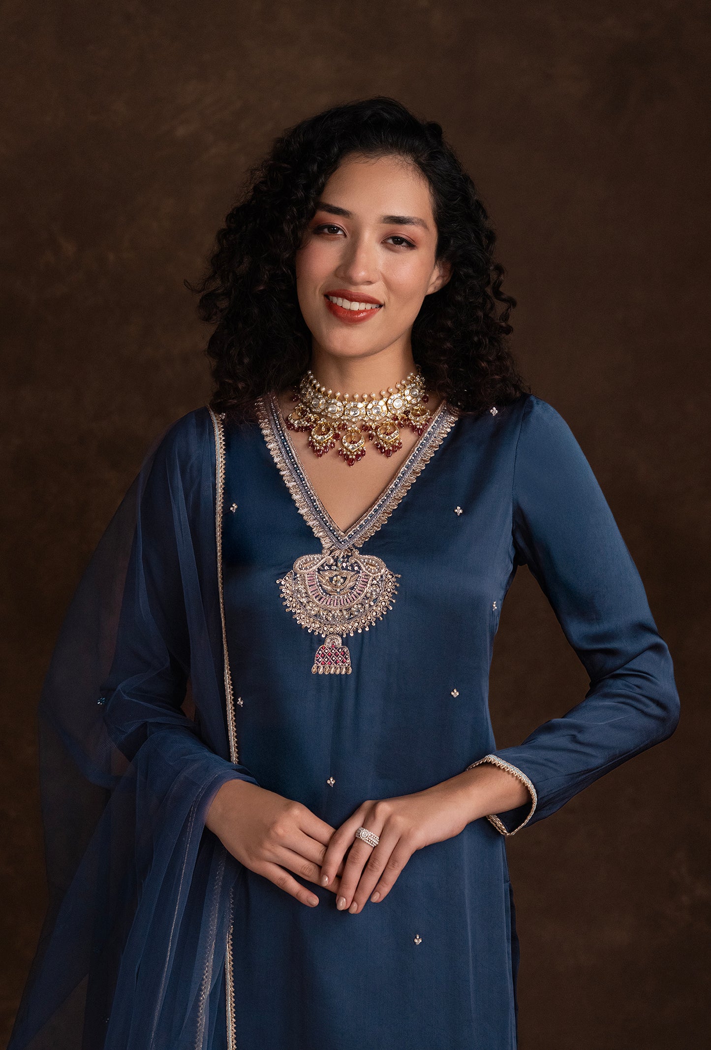 Navy Blue Silk Motif Embroidered Ethnic Kurta Set