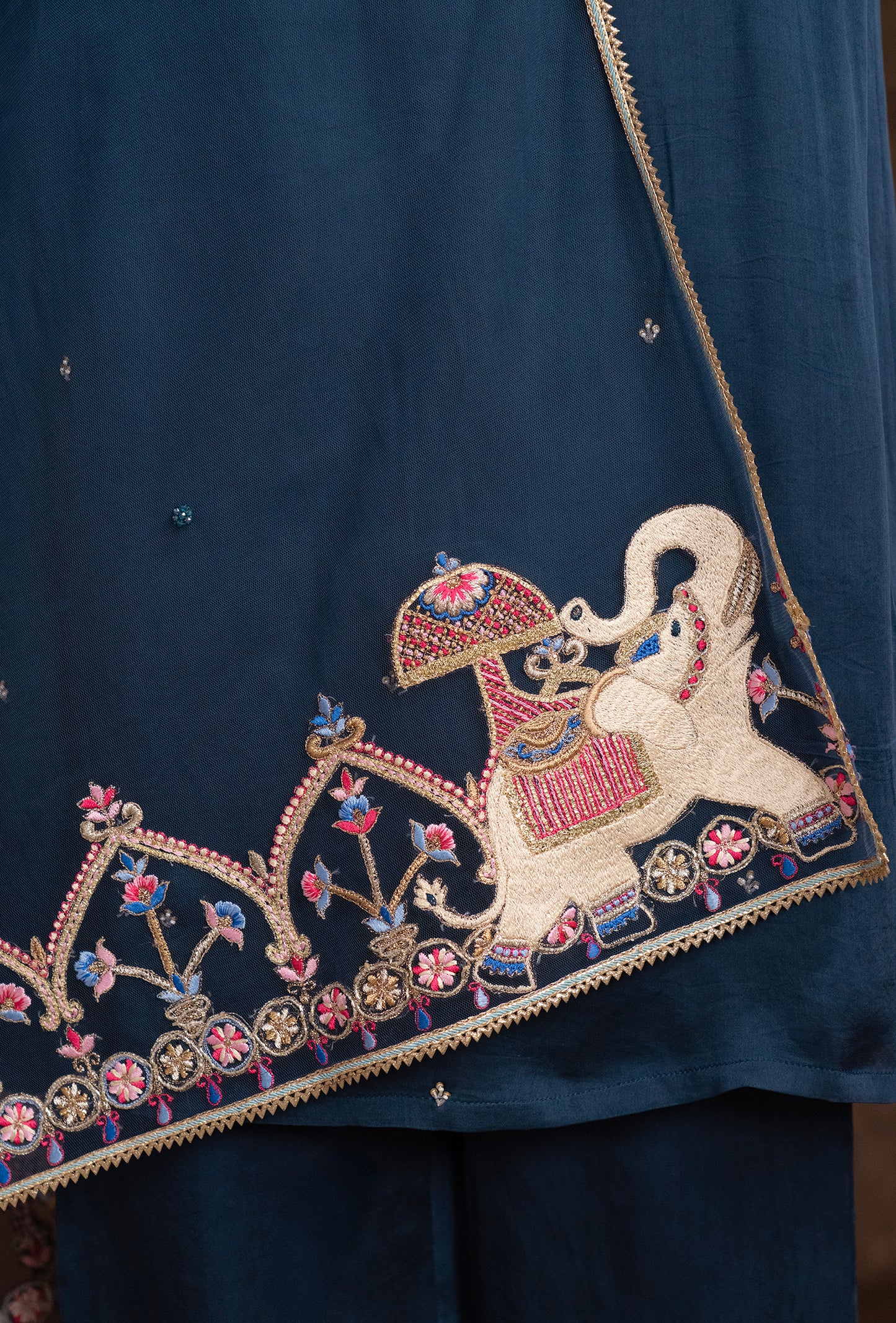 Navy Blue Silk Motif Embroidered Ethnic Kurta Set